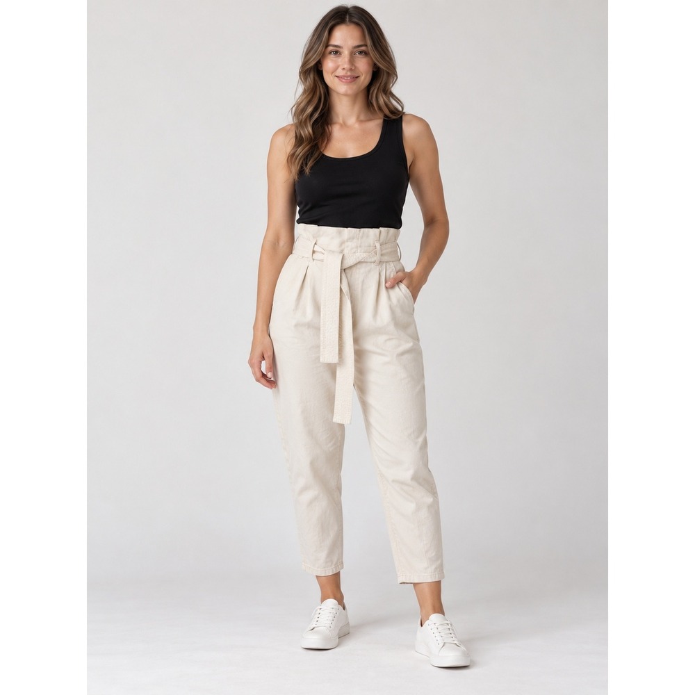 A New Day Pants Women 8 Cream Minimalist High Waist Pleated Belted Tapered Chic